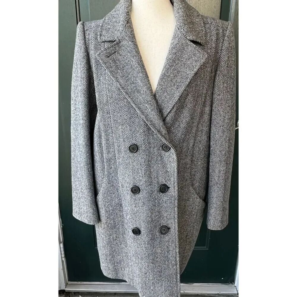 Vintage Women’s Wool Herringbone Coat M Alorna USA Union Made Gray 1970's 80's